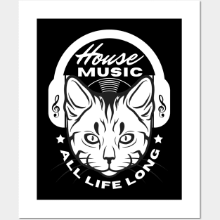 HOUSE MUSIC  - Headphone Cat  (White) Posters and Art